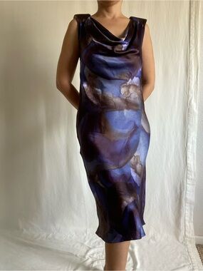 Pennyblack 100% Silk Abstract Water Color Cowl Neck Midi Dress Size 4